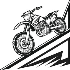 Motocross Adventure, Black and White Stylized Illustration of Dirt Bike Ascending Steep Geometric Slope