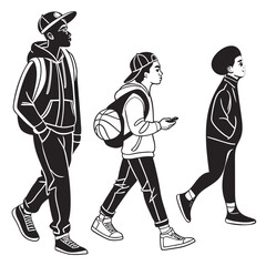 Casual Walkers ,Black and White Stylized Illustration of Three Individuals with Backpacks and Caps