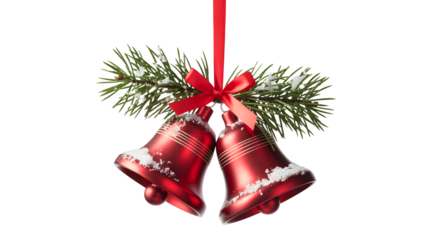Two shiny red christmas bells adorned with white snow and glitter hanging from a festive ribbon and pine branches isolated on transparent background