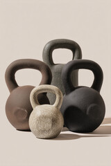 Fototapeta premium A collection of kettlebells in various sizes and colors is arranged, offering versatility for fitness and strength training routines.