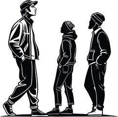 Casual Group Conversation, Black and White Stylized Illustration of Three Individuals in Jackets and Headwear