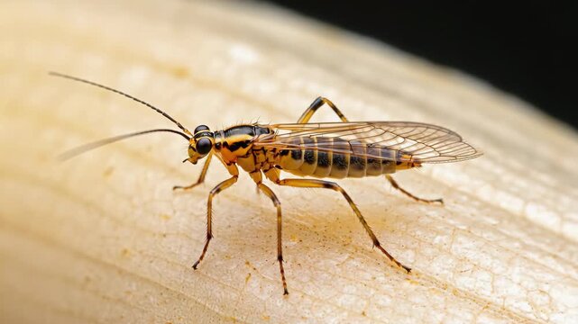 Detailed Macro View of a Small Stonefly Insect Resting.