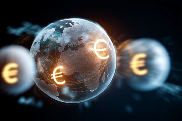 Digital globe with currency symbols highlighting the global nature of finance and interconnected economies.