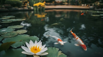 Tranquil Japanese Garden Pond with Koi and Water Lilies