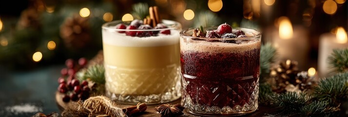 Festive holiday drinks featuring creamy and fruity concoctions served in elegant glasses with seasonal decorations