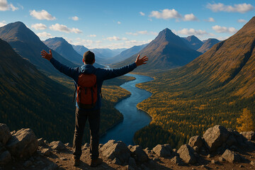 Male Traveler Standing on Mountain Peak with beautiful river view.