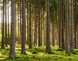 Obraz premium Sunlight filters through a dense forest of tall trees