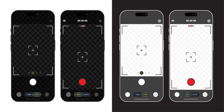 Smartphone camera interface on phone screen, mobile app viewfinder mockup for photo and video recording, digital camera UI template with viewfinder, grid, focus, button and rec. Smartphone mockup for 