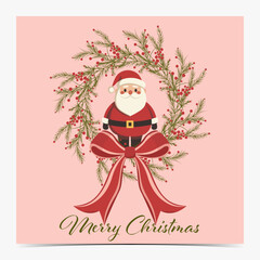 Merry Christmas - cute greeting card, postcard, invitation with chubby Santa Claus inside of the beautiful wreath, pink background, vector illustration
