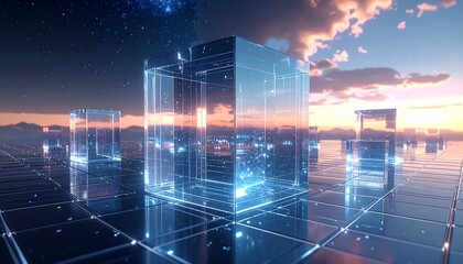Futuristic cityscape with transparent cubes