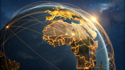 Global network connecting continents with lights and stars