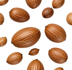 Floating argan nuts, seamless pattern, dark background, cosmetic packaging