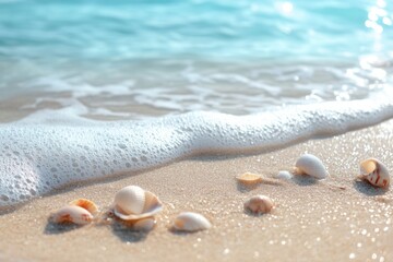 Seashells scattered on the beach with gentle waves lapping at the shore in bright sunlight view