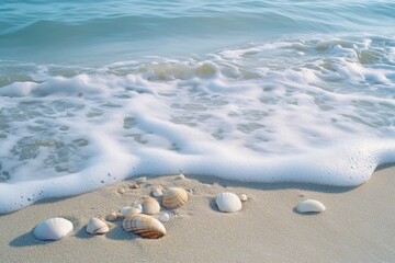 Gentle waves washing over seashells scattered on a sandy beach on a bright sunny day scene view