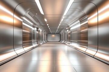 Futuristic metal corridor with polished walls and floor