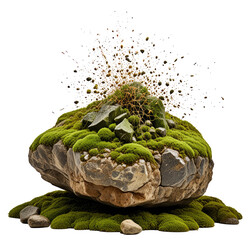 Mossy rock, exploding seeds, dark background, nature scene