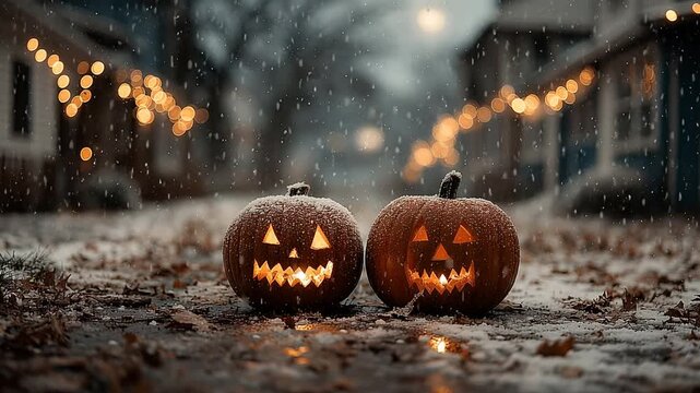 Calabazas Iluminadas en una Noche Nevada