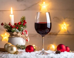 Festive red wine scene with Christmas decor