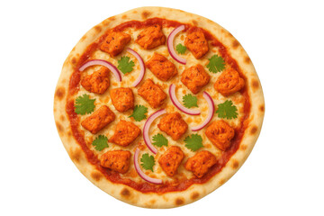 Delicious chicken tikka pizza isolated on transparent background, top view
