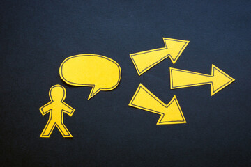 Influencer with speech bubble and arrows. Audience impact.
