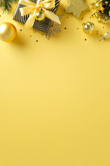 Festive top border with gold ornaments, striped gift, pine branches on yellow background, bottom space for text or design.