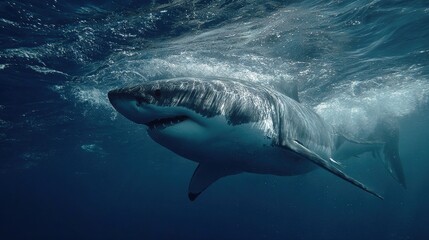   A magnificent great white shark glides beneath water's surface, mouth agape and jaws bared