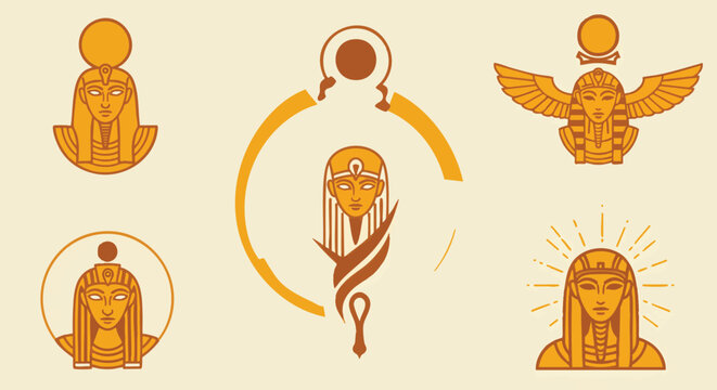 Collection of ancient Egyptian mythological icons with a modern artistic flair