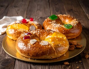 Festive ring-shaped pastries on a gold platter