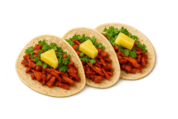 Three savory tacos al pastor with pineapple, isolated on transparent background.