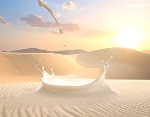 Milk splash in desert landscape at sunrise