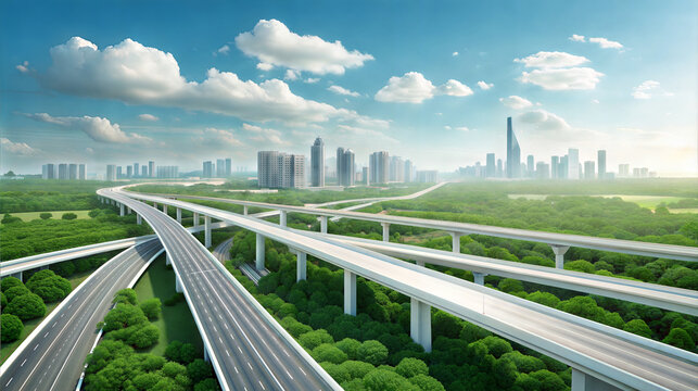 Futuristic cityscape with complex highway interchange and green landscape