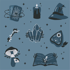 Collection of witchcraft elements. Halloween elements. Witch hat, magic book, tarot cards, candle. Hand drawn vector design