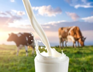 Milk splash in glass with cows in pasture