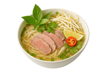 Warm Vietnamese beef Pho noodle soup isolated on a transparent background.