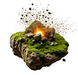 Mossy rock, fiery explosion, dark space, game asset