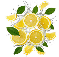 Fresh lemon slices splashing in water, vibrant background (1)