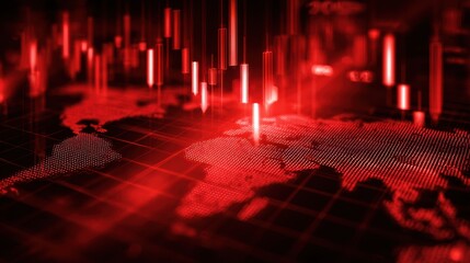 Abstract financial crisis visualization with red stock market graphs, world map background, and digital data representation illustrating economic downturn and market volatility