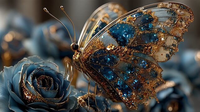 Golden butterfly resting on blue rose high resolution picture