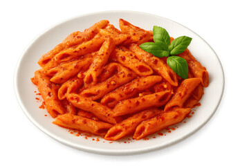 Delicious penne pasta with tomato sauce, fresh basil, isolated on transparent.