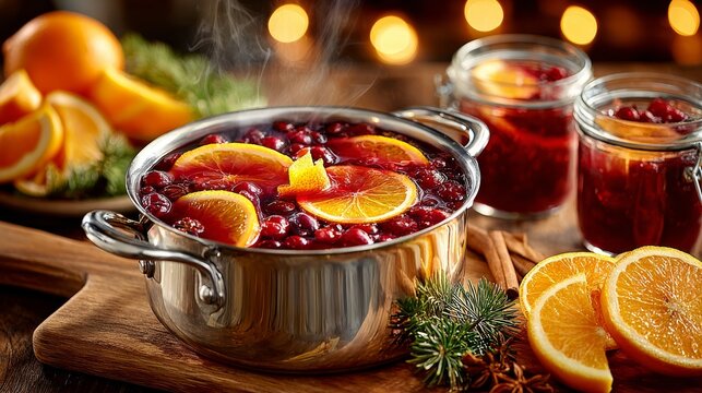 Receta de ponche de frutas caliente con ar&aacute;ndanos y naranjas en un ambiente festivo