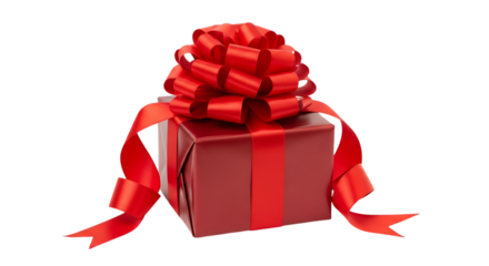 Red gift box with a bow isolated on transparent background, wrapped with a red ribbon