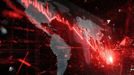 Digital world map with red financial crisis indicators, showcasing fluctuating graphs and data visualizations, representing economic downturn and market volatility in a modern context