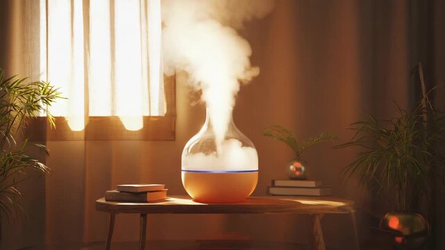 Aromatherapy diffuser emitting mist in a cozy room with warm sunlight.