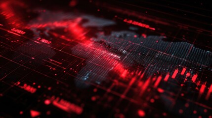 Abstract digital visualization of a global finance crisis, featuring red data streams and fluctuating graphs, symbolizing economic downturn and market instability