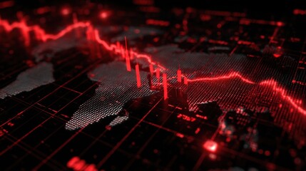 Financial crisis concept illustrated with a digital world map, featuring red downward trends and stock market graphs, symbolizing economic downturn and market volatility