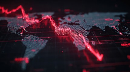 Financial crisis concept with a digital world map displaying a downward trend in red, illustrating economic downturn and market volatility in a modern data visualization style
