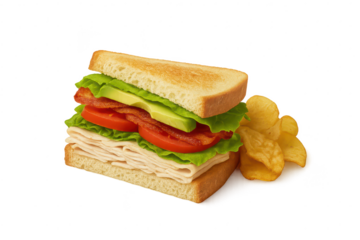 Delicious turkey club sandwich with crispy potato chips isolated on transparent background