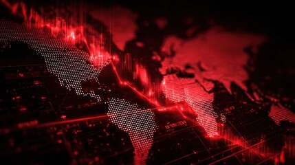 Digital world map with red data visualization, showcasing financial crisis trends and economic fluctuations, highlighting global market instability and financial analysis concepts