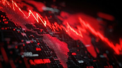 Global financial crisis visualization with red declining graph lines overlaid on a digital world map, representing economic downturn and market volatility in a modern context