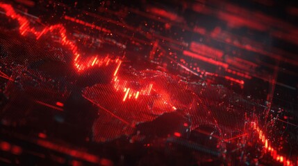 Abstract digital visualization of a finance crisis with red graph lines and data patterns, representing economic downturn and market volatility in a modern context